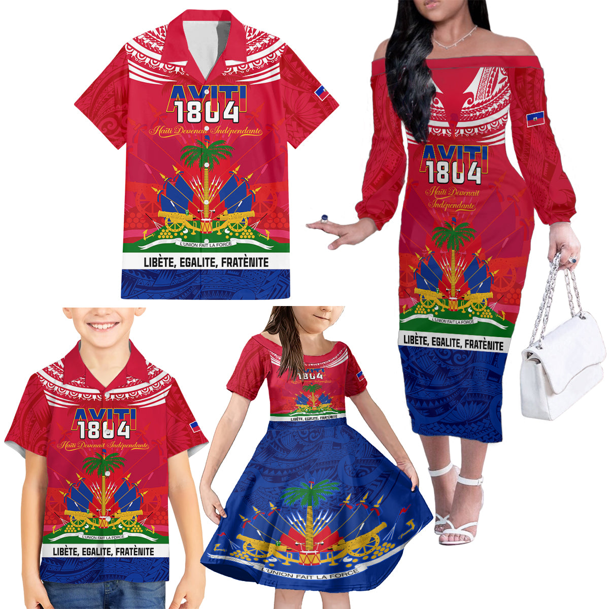 haiti-independence-day-family-matching-off-shoulder-long-sleeve-dress-and-hawaiian-shirt-libete-egalite-fratenite-ayiti-1804-with-polynesian-pattern