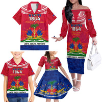 Haiti Independence Day Family Matching Off Shoulder Long Sleeve Dress and Hawaiian Shirt Libete Egalite Fratenite Ayiti 1804 With Polynesian Pattern - Wonder Print Shop