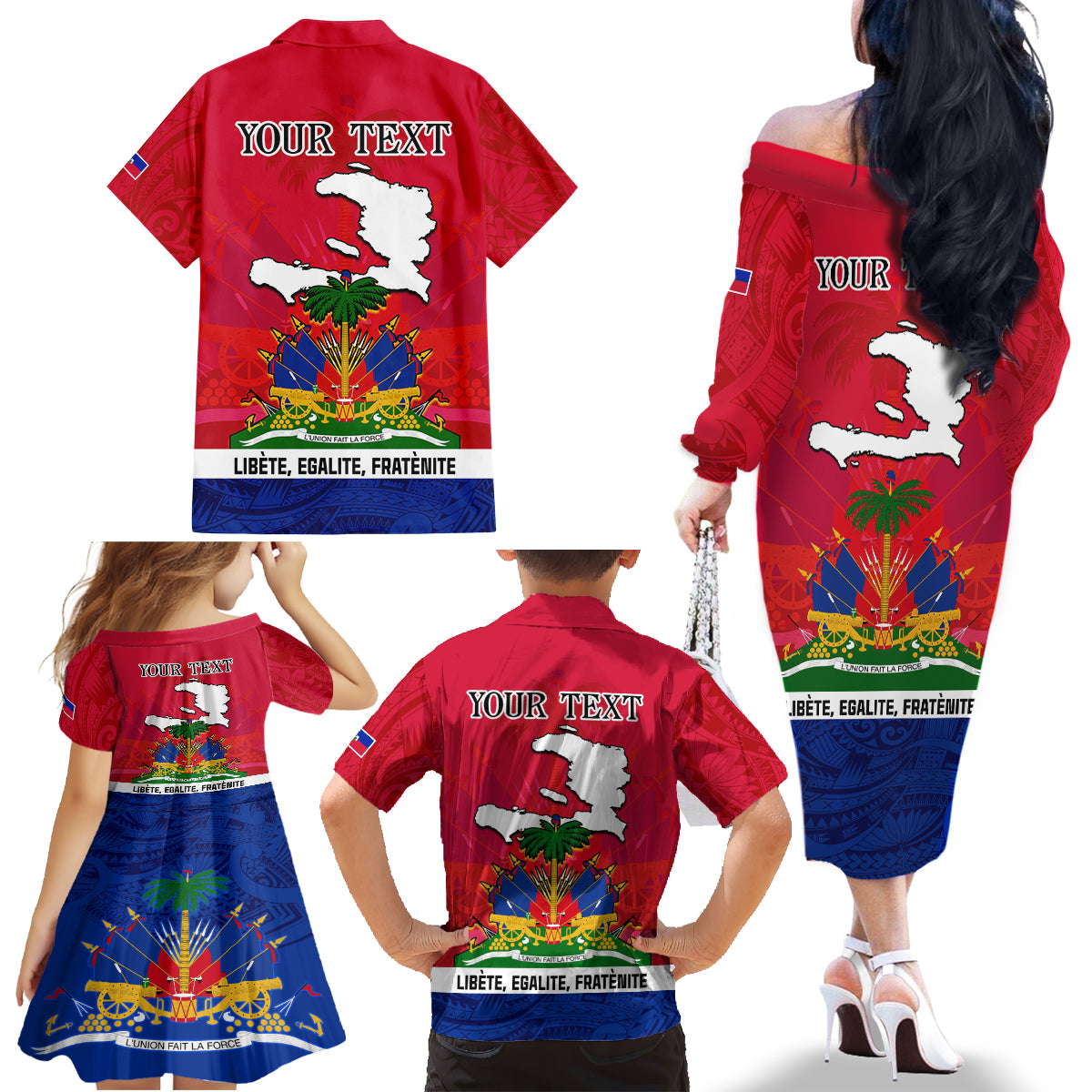 Haiti Independence Day Family Matching Off Shoulder Long Sleeve Dress and Hawaiian Shirt Libete Egalite Fratenite Ayiti 1804 With Polynesian Pattern - Wonder Print Shop