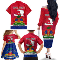 Haiti Independence Day Family Matching Off Shoulder Long Sleeve Dress and Hawaiian Shirt Libete Egalite Fratenite Ayiti 1804 With Polynesian Pattern - Wonder Print Shop