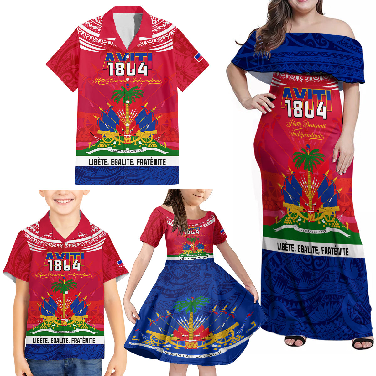 haiti-independence-day-family-matching-off-shoulder-maxi-dress-and-hawaiian-shirt-libete-egalite-fratenite-ayiti-1804-with-polynesian-pattern