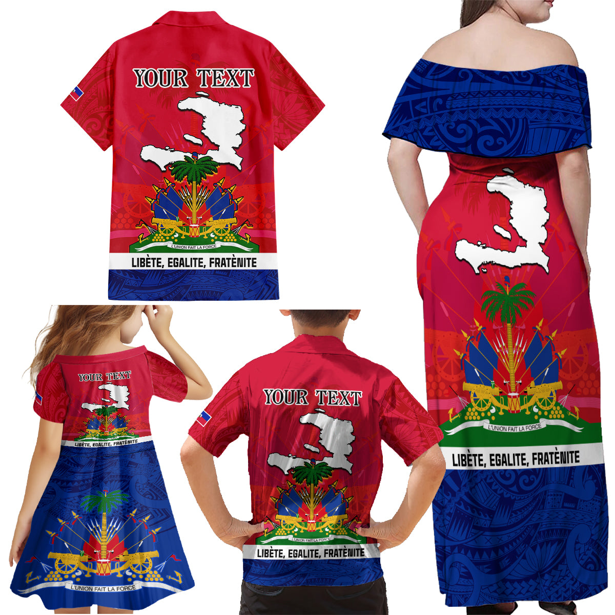 Haiti Independence Day Family Matching Off Shoulder Maxi Dress and Hawaiian Shirt Libete Egalite Fratenite Ayiti 1804 With Polynesian Pattern LT9 - Wonder Print Shop
