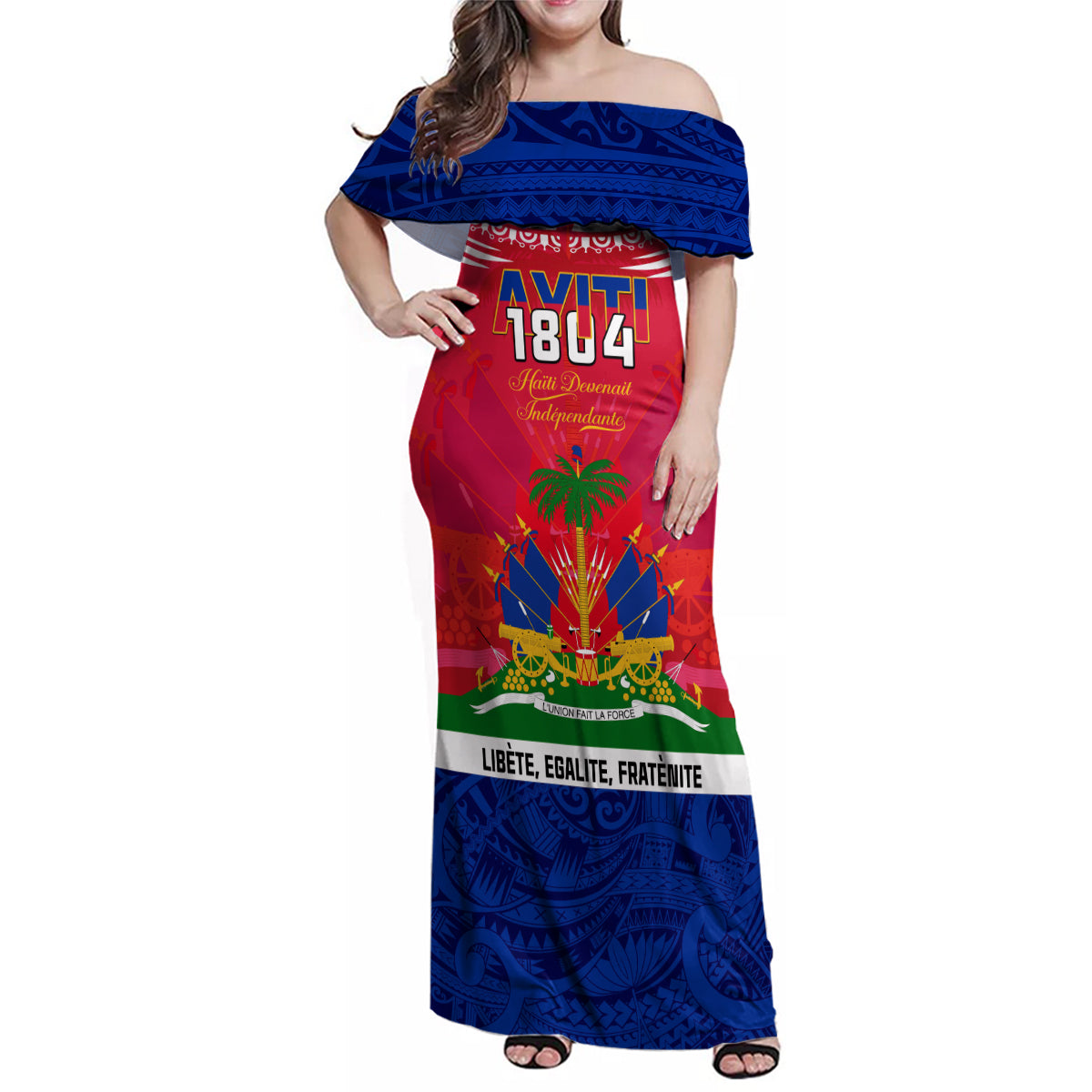 Haiti Independence Day Family Matching Off Shoulder Maxi Dress and Hawaiian Shirt Libete Egalite Fratenite Ayiti 1804 With Polynesian Pattern LT9 - Wonder Print Shop