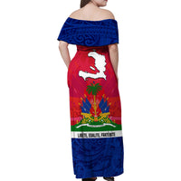 Haiti Independence Day Family Matching Off Shoulder Maxi Dress and Hawaiian Shirt Libete Egalite Fratenite Ayiti 1804 With Polynesian Pattern LT9 - Wonder Print Shop