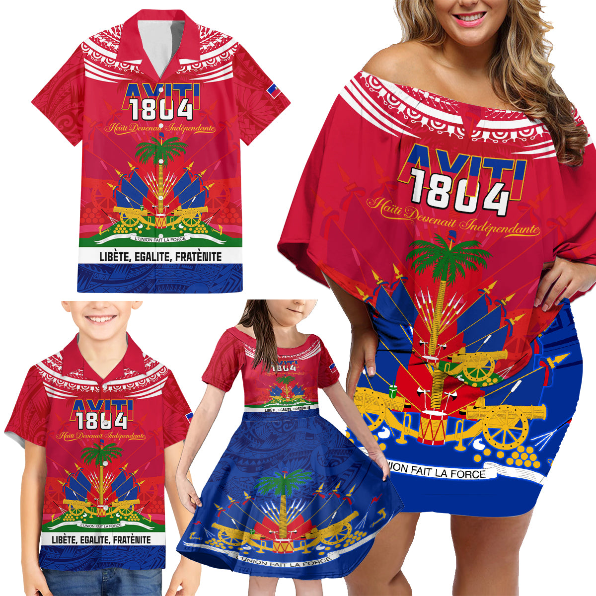 Haiti Independence Day Family Matching Off Shoulder Short Dress and Hawaiian Shirt Libete Egalite Fratenite Ayiti 1804 With Polynesian Pattern LT9 - Wonder Print Shop