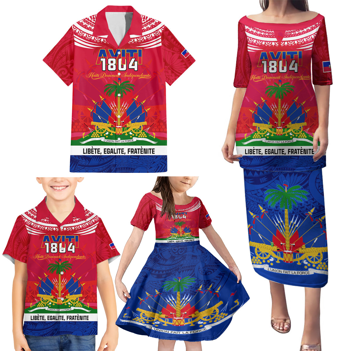 haiti-independence-day-family-matching-puletasi-dress-and-hawaiian-shirt-libete-egalite-fratenite-ayiti-1804-with-polynesian-pattern