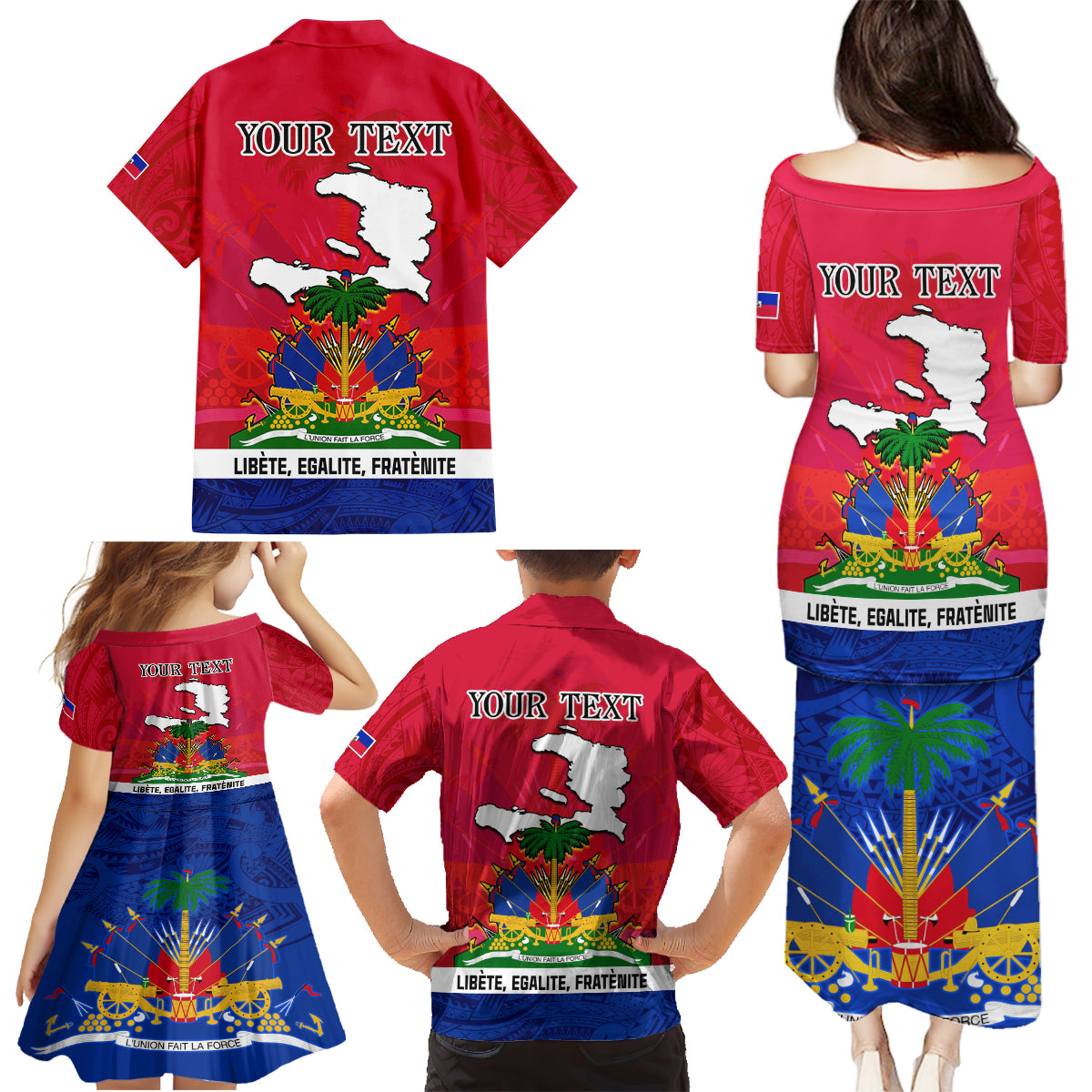 Haiti Independence Day Family Matching Puletasi Dress and Hawaiian Shirt Libete Egalite Fratenite Ayiti 1804 With Polynesian Pattern - Wonder Print Shop