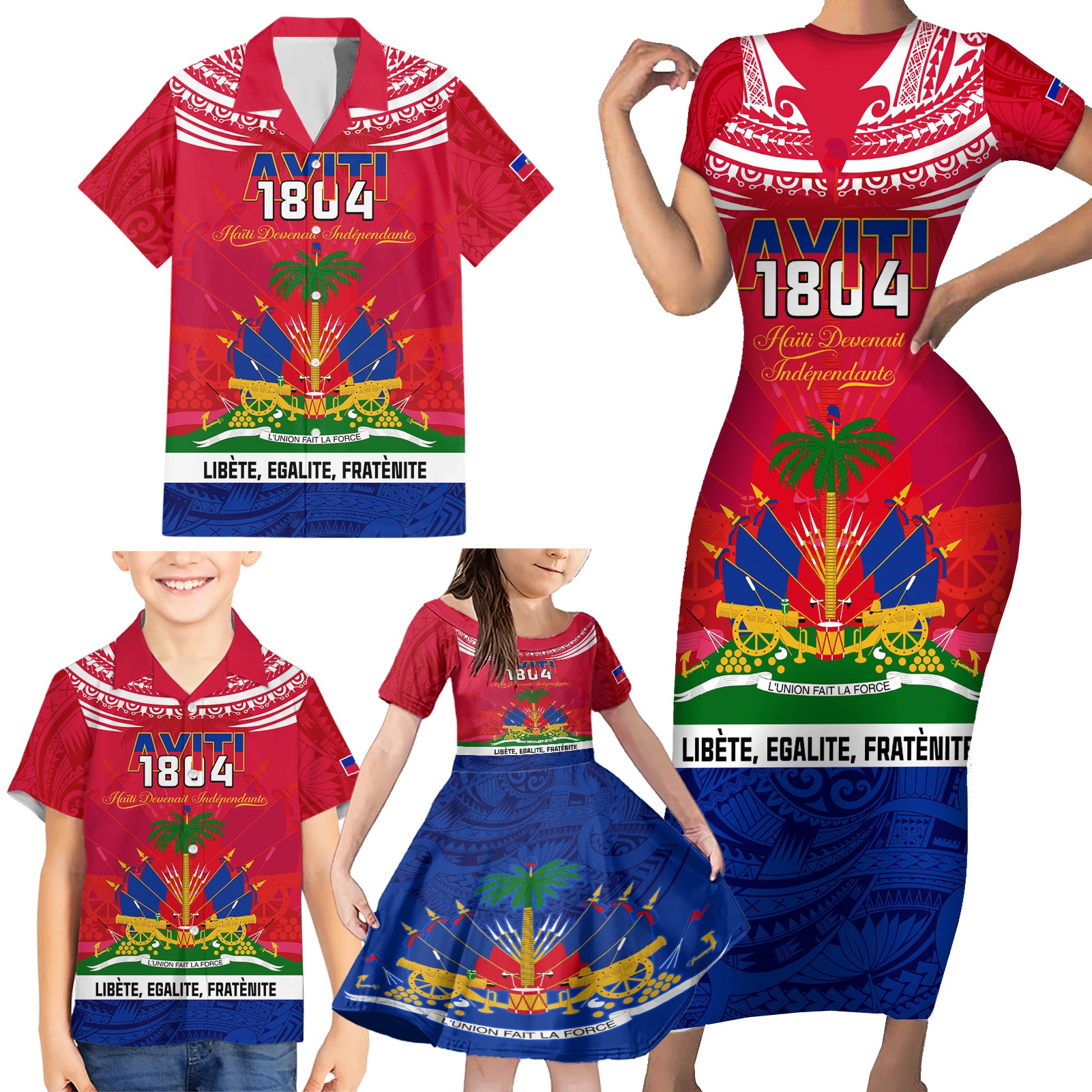 haiti-independence-day-family-matching-short-sleeve-bodycon-dress-and-hawaiian-shirt-libete-egalite-fratenite-ayiti-1804-with-polynesian-pattern