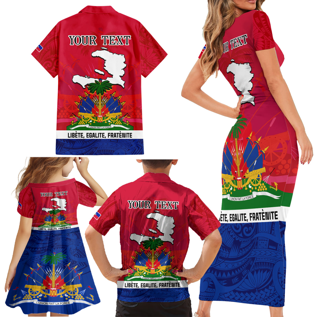Haiti Independence Day Family Matching Short Sleeve Bodycon Dress and Hawaiian Shirt Libete Egalite Fratenite Ayiti 1804 With Polynesian Pattern - Wonder Print Shop