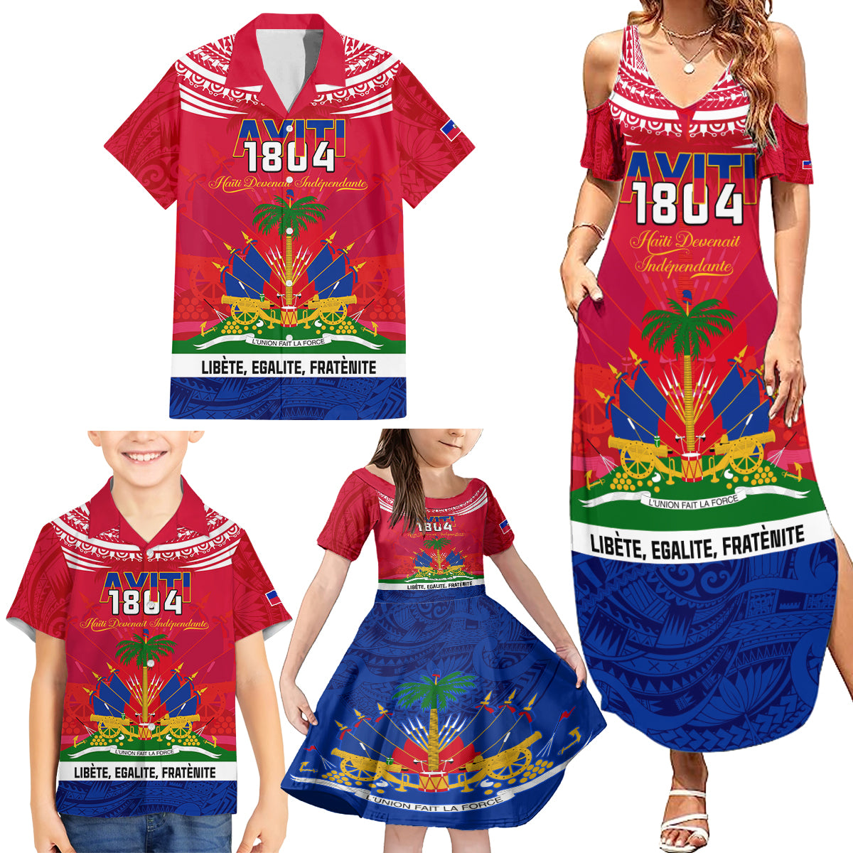 haiti-independence-day-family-matching-summer-maxi-dress-and-hawaiian-shirt-libete-egalite-fratenite-ayiti-1804-with-polynesian-pattern