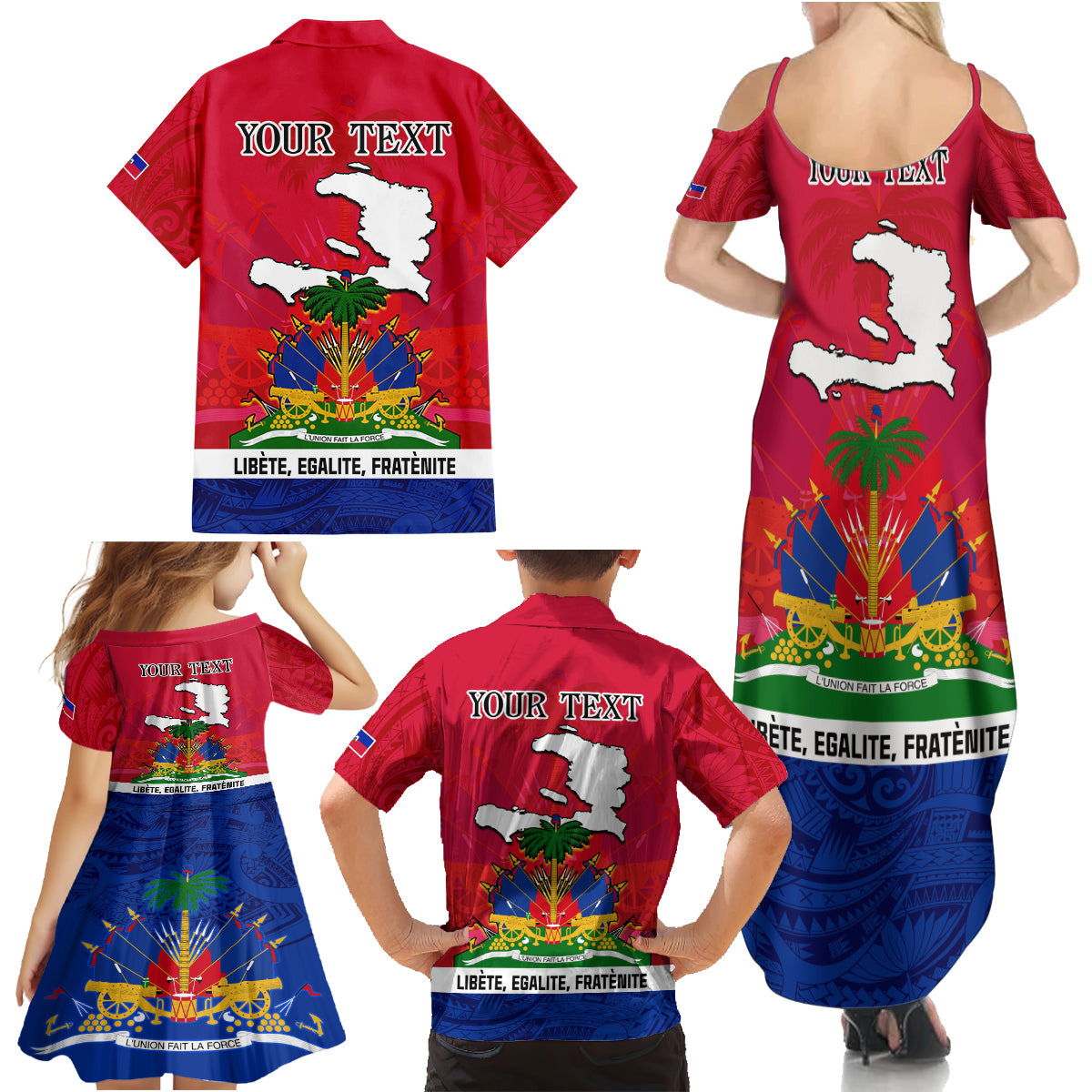 Haiti Independence Day Family Matching Summer Maxi Dress and Hawaiian Shirt Libete Egalite Fratenite Ayiti 1804 With Polynesian Pattern - Wonder Print Shop