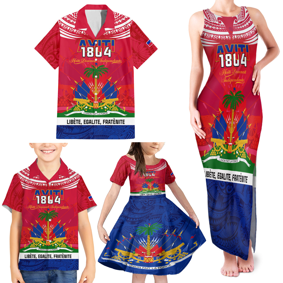 haiti-independence-day-family-matching-tank-maxi-dress-and-hawaiian-shirt-libete-egalite-fratenite-ayiti-1804-with-polynesian-pattern