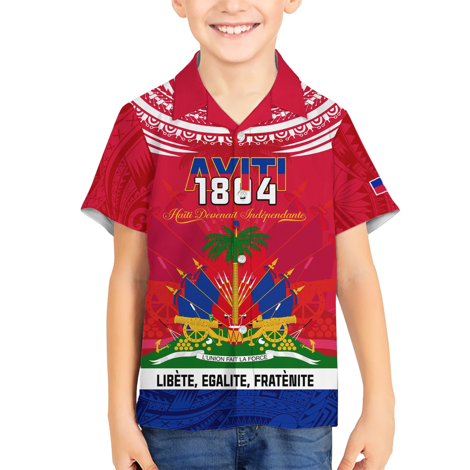 Haiti Independence Day Kid Hawaiian Shirt Libete Egalite Fratenite Ayiti 1804 With Polynesian Pattern - Wonder Print Shop