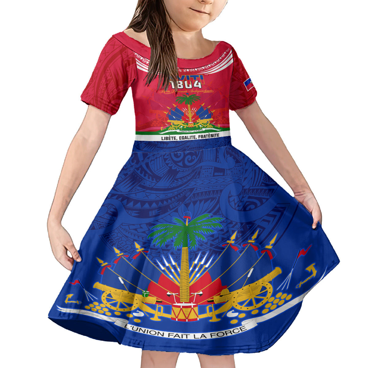 haiti-independence-day-kid-short-sleeve-dress-libete-egalite-fratenite-ayiti-1804-with-polynesian-pattern