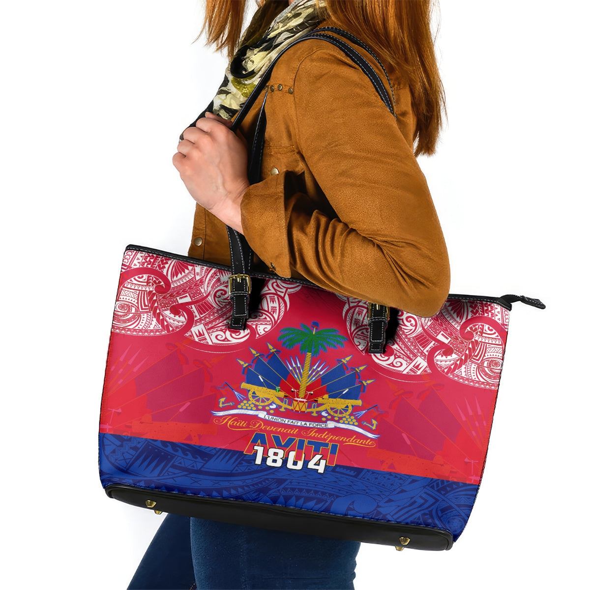 Haiti Independence Day Leather Tote Bag Libete Egalite Fratenite Ayiti 1804 With Polynesian Pattern - Wonder Print Shop