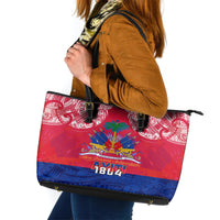 Haiti Independence Day Leather Tote Bag Libete Egalite Fratenite Ayiti 1804 With Polynesian Pattern - Wonder Print Shop
