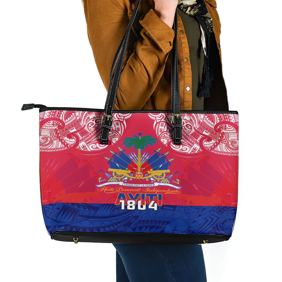 Haiti Independence Day Leather Tote Bag Libete Egalite Fratenite Ayiti 1804 With Polynesian Pattern - Wonder Print Shop