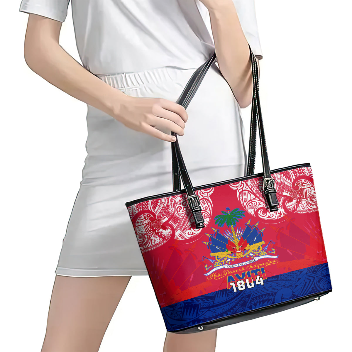 Haiti Independence Day Leather Tote Bag Libete Egalite Fratenite Ayiti 1804 With Polynesian Pattern - Wonder Print Shop
