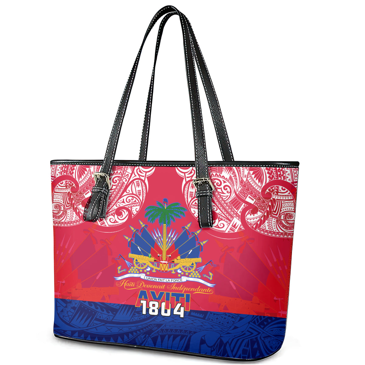 Haiti Independence Day Leather Tote Bag Libete Egalite Fratenite Ayiti 1804 With Polynesian Pattern - Wonder Print Shop