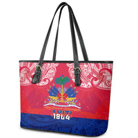 Haiti Independence Day Leather Tote Bag Libete Egalite Fratenite Ayiti 1804 With Polynesian Pattern - Wonder Print Shop