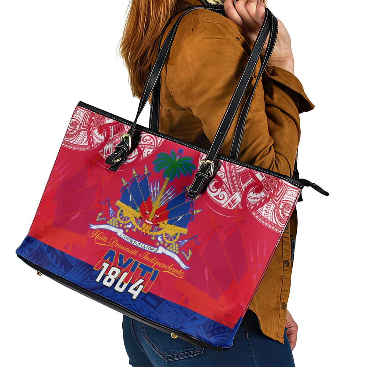 Haiti Independence Day Leather Tote Bag Libete Egalite Fratenite Ayiti 1804 With Polynesian Pattern - Wonder Print Shop