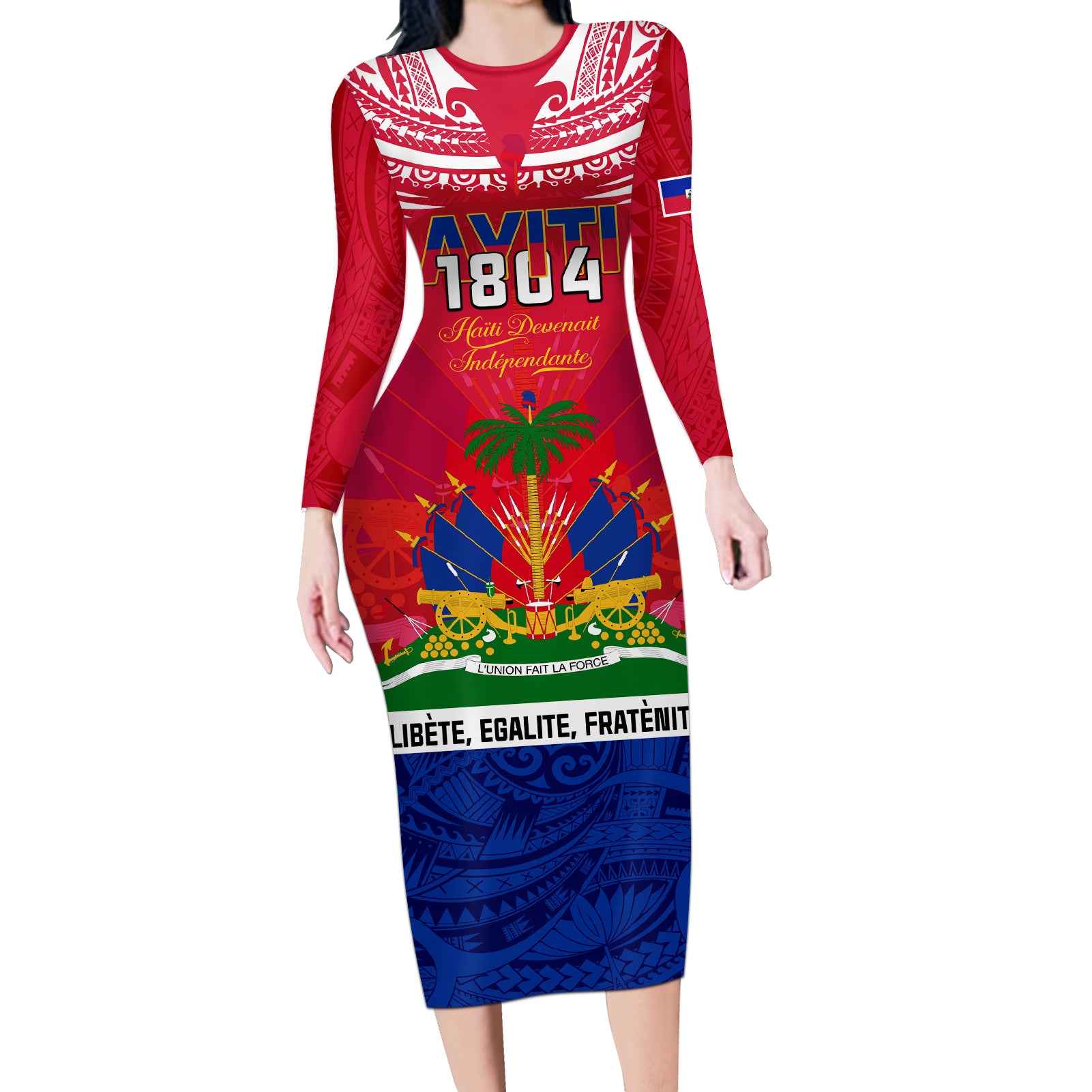 Haiti Independence Day Long Sleeve Bodycon Dress Libete Egalite Fratenite Ayiti 1804 With Polynesian Pattern - Wonder Print Shop