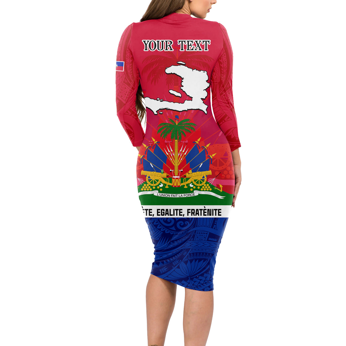 Haiti Independence Day Long Sleeve Bodycon Dress Libete Egalite Fratenite Ayiti 1804 With Polynesian Pattern - Wonder Print Shop