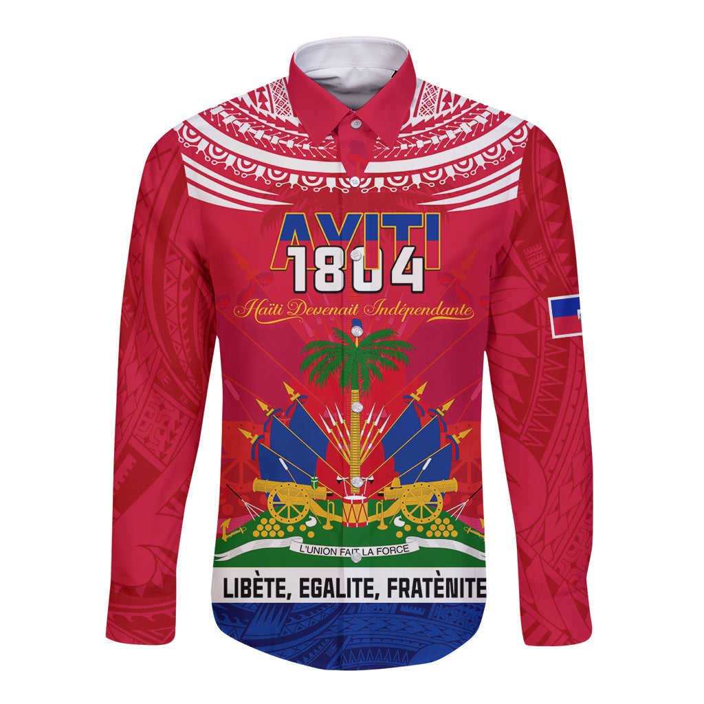 Haiti Independence Day Long Sleeve Button Shirt Libete Egalite Fratenite Ayiti 1804 With Polynesian Pattern - Wonder Print Shop