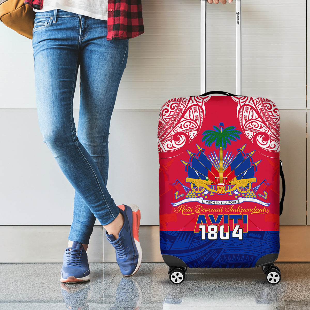 Haiti Independence Day Luggage Cover Libete Egalite Fratenite Ayiti 1804 With Polynesian Pattern - Wonder Print Shop