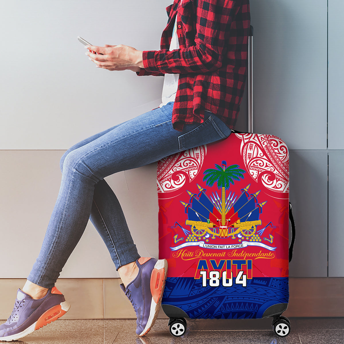 Haiti Independence Day Luggage Cover Libete Egalite Fratenite Ayiti 1804 With Polynesian Pattern - Wonder Print Shop