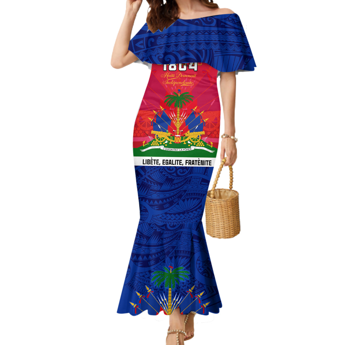 Haiti Independence Day Mermaid Dress Libete Egalite Fratenite Ayiti 1804 With Polynesian Pattern - Wonder Print Shop