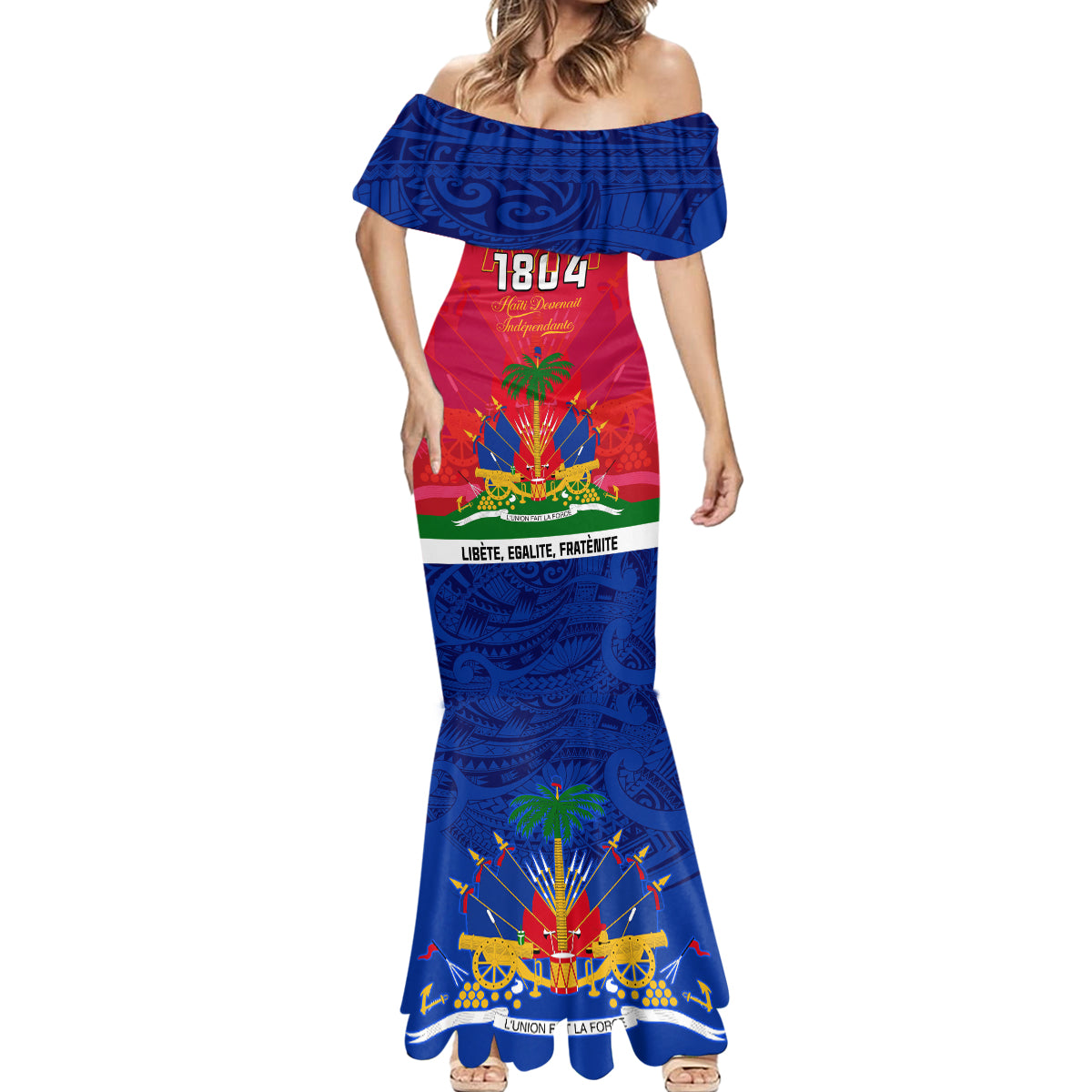 Haiti Independence Day Mermaid Dress Libete Egalite Fratenite Ayiti 1804 With Polynesian Pattern - Wonder Print Shop