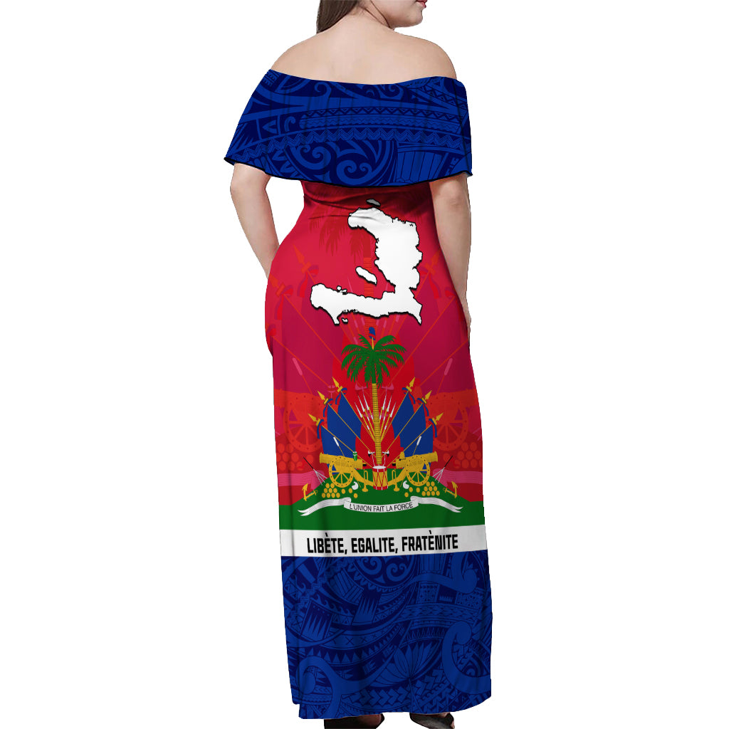 Haiti Independence Day Off Shoulder Maxi Dress Libete Egalite Fratenite Ayiti 1804 With Polynesian Pattern - Wonder Print Shop