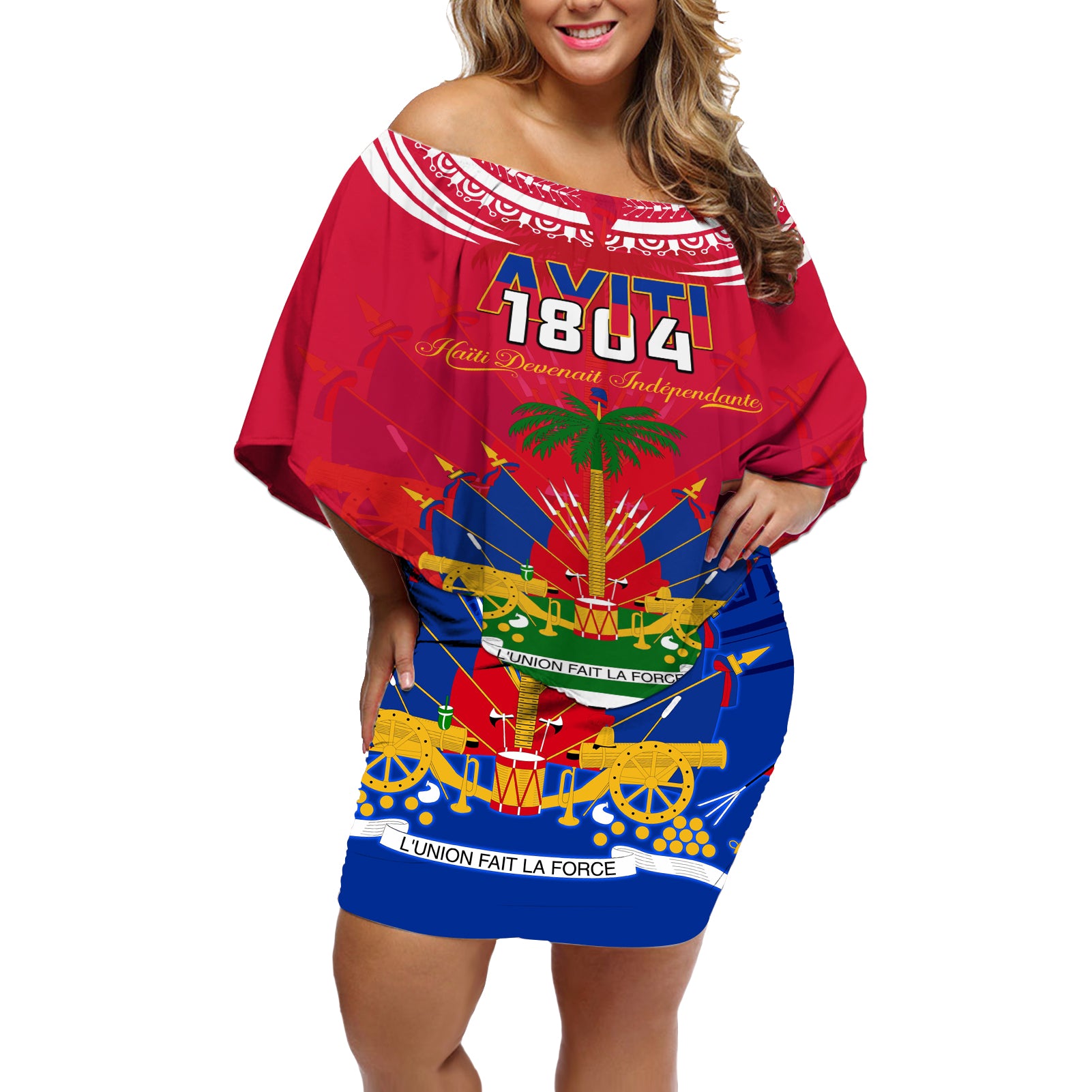 Haiti Independence Day Off Shoulder Short Dress Libete Egalite Fratenite Ayiti 1804 With Polynesian Pattern - Wonder Print Shop