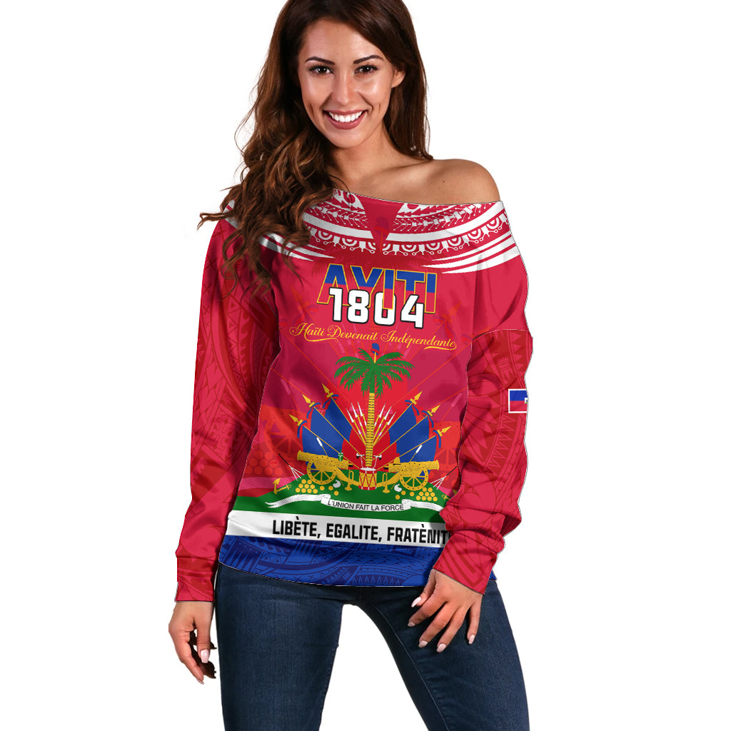 Haiti Independence Day Off Shoulder Sweater Libete Egalite Fratenite Ayiti 1804 With Polynesian Pattern - Wonder Print Shop