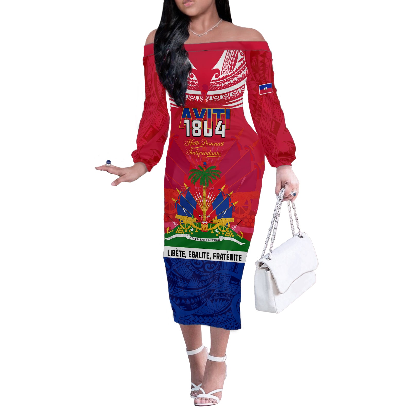 Haiti Independence Day Off The Shoulder Long Sleeve Dress Libete Egalite Fratenite Ayiti 1804 With Polynesian Pattern - Wonder Print Shop
