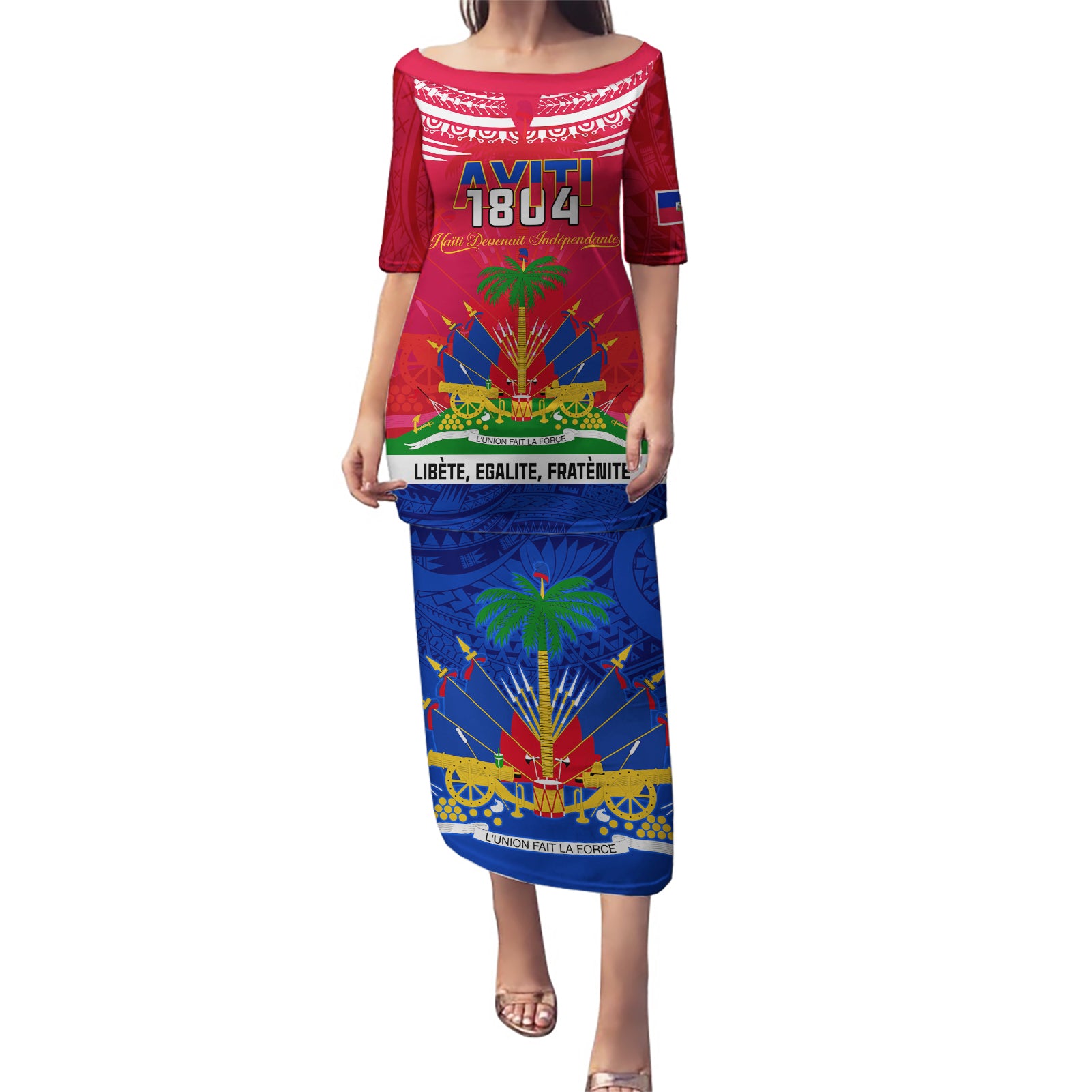 Haiti Independence Day Puletasi Libete Egalite Fratenite Ayiti 1804 With Polynesian Pattern - Wonder Print Shop