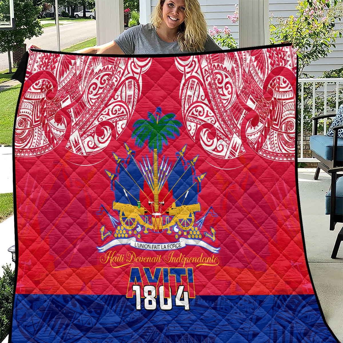 Haiti Independence Day Quilt Libete Egalite Fratenite Ayiti 1804 With Polynesian Pattern - Wonder Print Shop