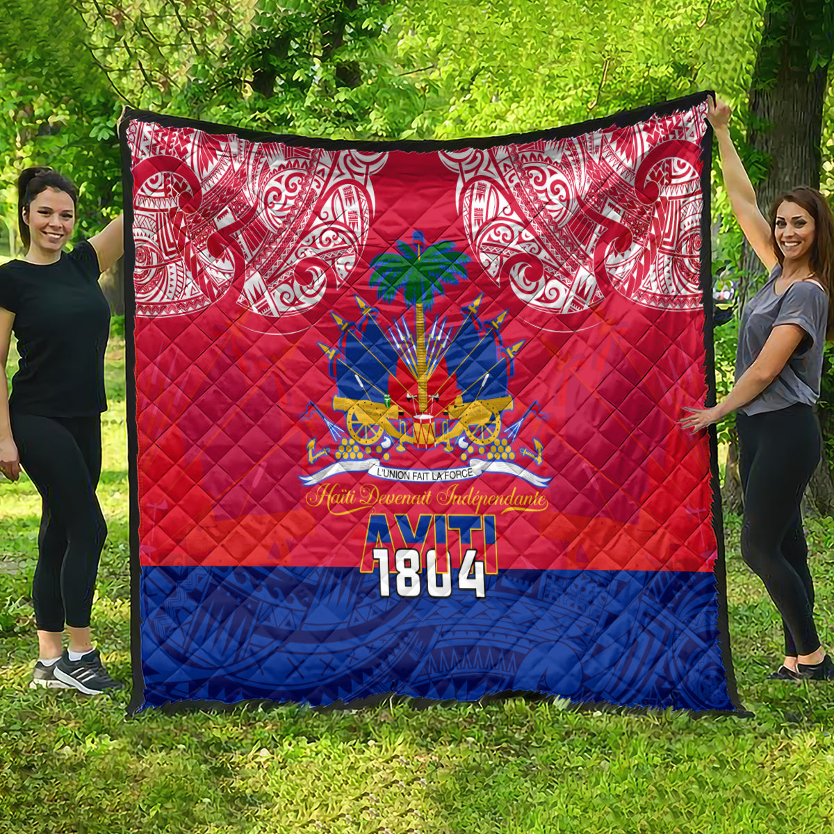 Haiti Independence Day Quilt Libete Egalite Fratenite Ayiti 1804 With Polynesian Pattern - Wonder Print Shop