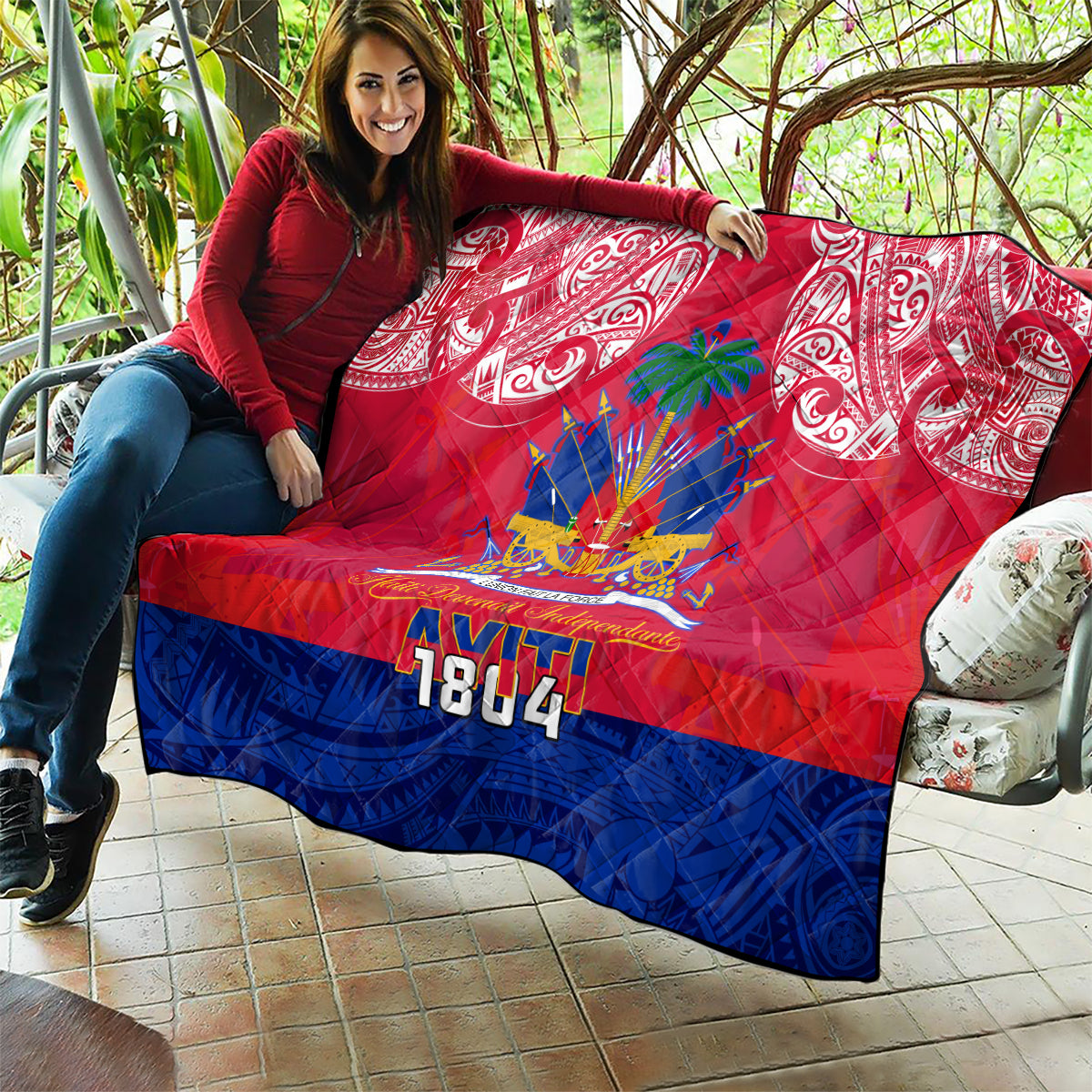 Haiti Independence Day Quilt Libete Egalite Fratenite Ayiti 1804 With Polynesian Pattern - Wonder Print Shop
