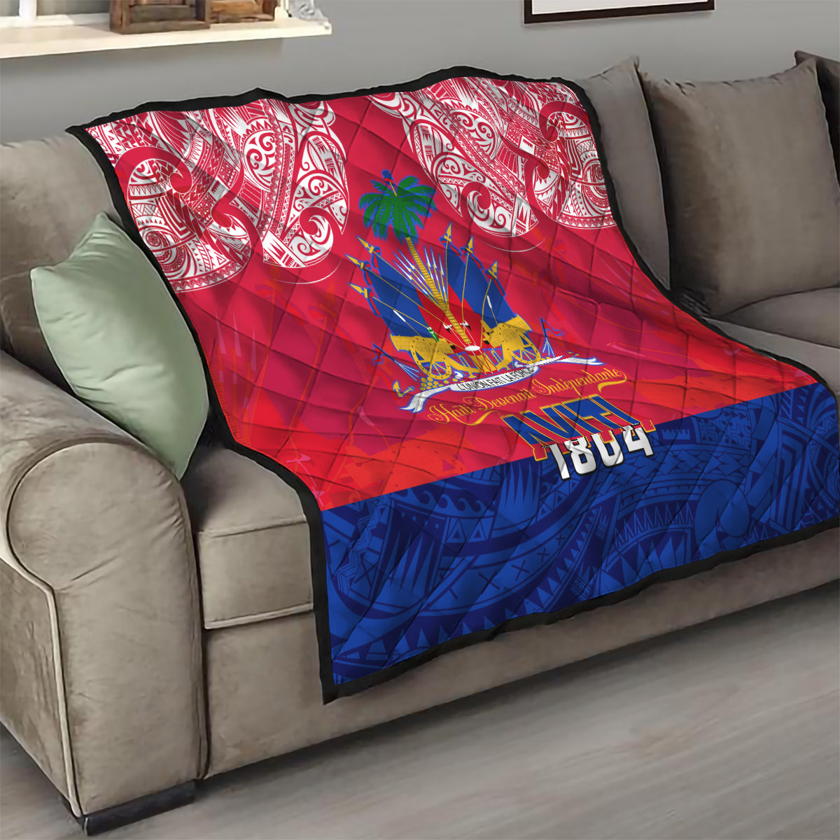 Haiti Independence Day Quilt Libete Egalite Fratenite Ayiti 1804 With Polynesian Pattern - Wonder Print Shop