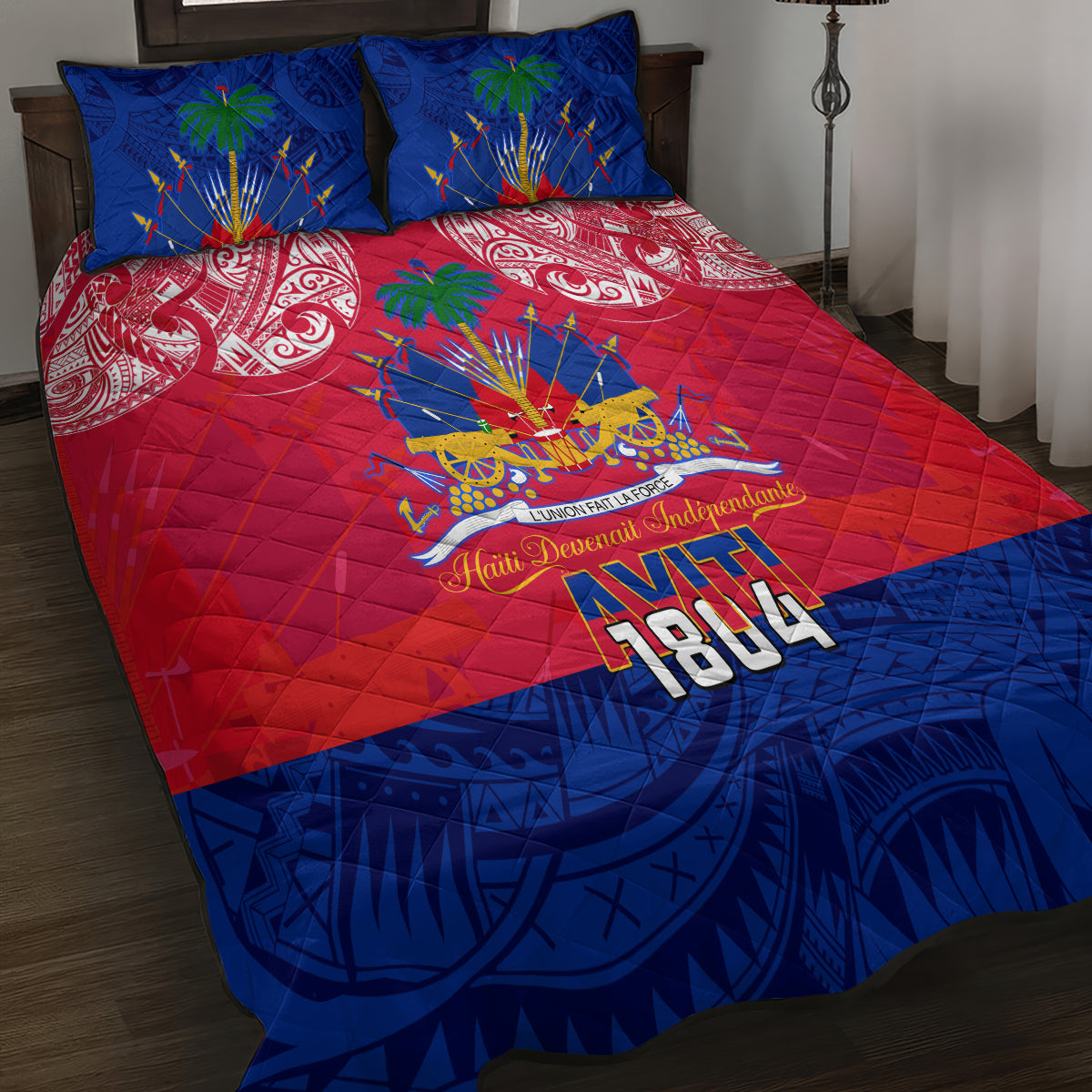 Haiti Independence Day Quilt Bed Set Libete Egalite Fratenite Ayiti 1804 With Polynesian Pattern - Wonder Print Shop