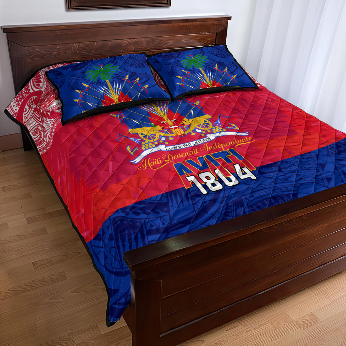 Haiti Independence Day Quilt Bed Set Libete Egalite Fratenite Ayiti 1804 With Polynesian Pattern - Wonder Print Shop