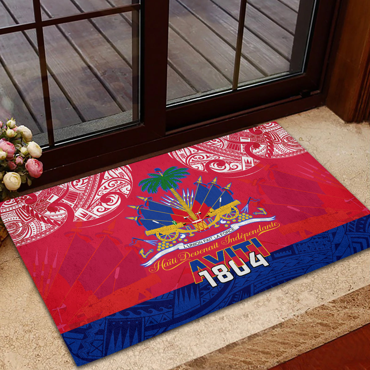 Haiti Independence Day Rubber Doormat Libete Egalite Fratenite Ayiti 1804 With Polynesian Pattern - Wonder Print Shop