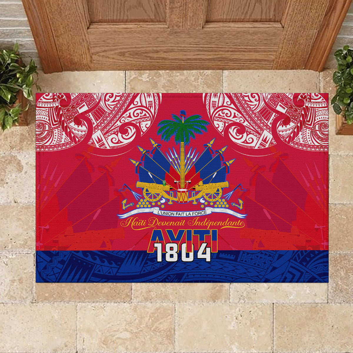 Haiti Independence Day Rubber Doormat Libete Egalite Fratenite Ayiti 1804 With Polynesian Pattern - Wonder Print Shop