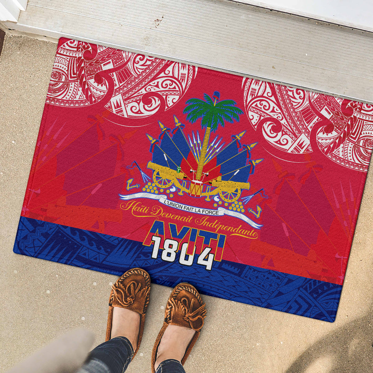 Haiti Independence Day Rubber Doormat Libete Egalite Fratenite Ayiti 1804 With Polynesian Pattern - Wonder Print Shop