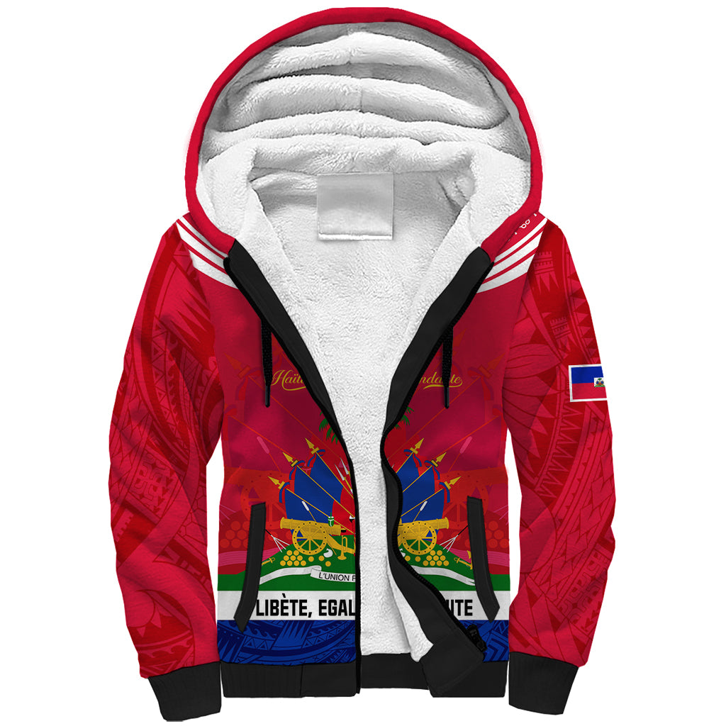 Haiti Independence Day Sherpa Hoodie Libete Egalite Fratenite Ayiti 1804 With Polynesian Pattern - Wonder Print Shop