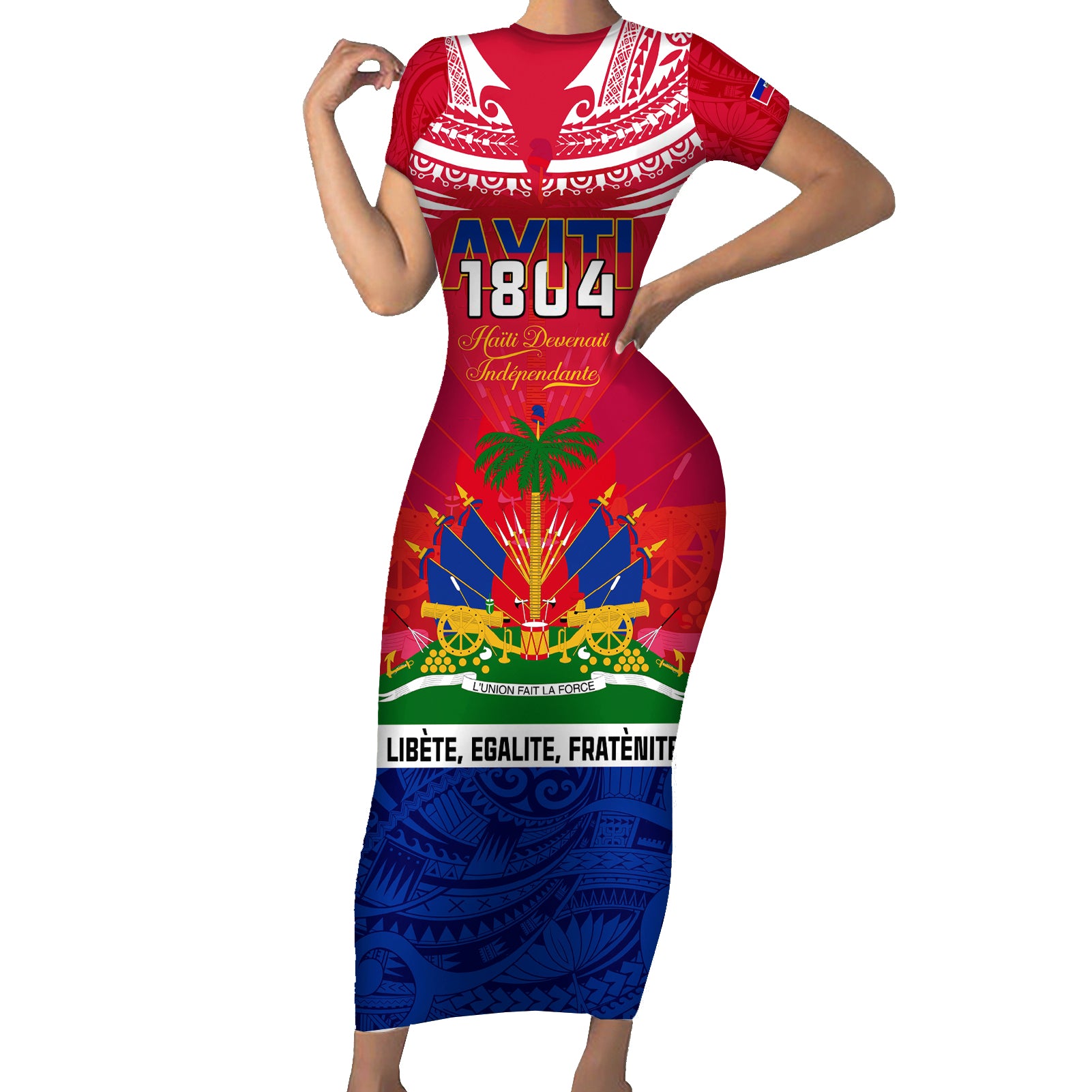 haiti-independence-day-short-sleeve-bodycon-dress-libete-egalite-fratenite-ayiti-1804-with-polynesian-pattern