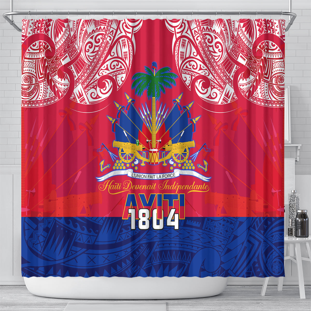 haiti-independence-day-shower-curtain-libete-egalite-fratenite-ayiti-1804-with-polynesian-pattern