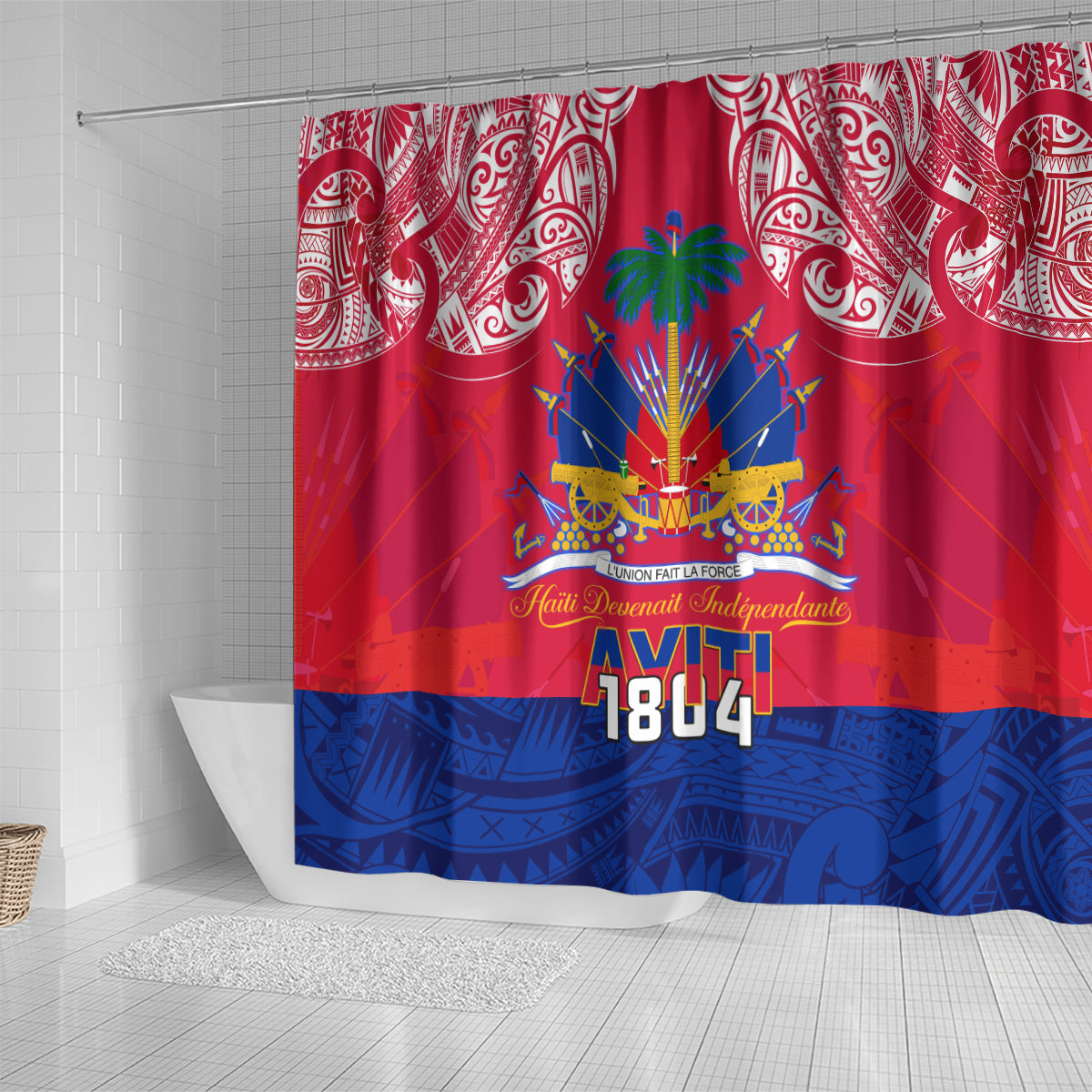 haiti-independence-day-shower-curtain-libete-egalite-fratenite-ayiti-1804-with-polynesian-pattern